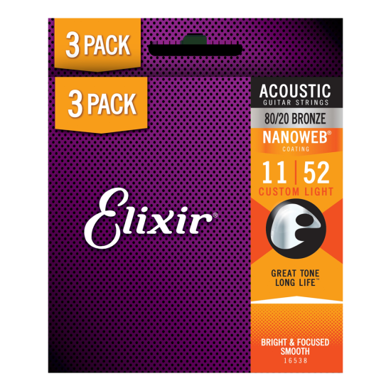 Elixir 80/20 Bronze NanoWeb 11-52 (16538) Custom Light akusztikus húrkészlet 3 db