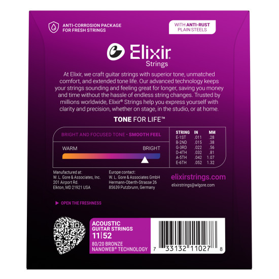 Elixir 80/20 Bronze NanoWeb 11-52(11027) Custom Light akusztikus húrkészlet