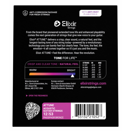 Elixir Phosphor Bronze Attune (21052) 12-53 Custom Light akusztikus húrkészlet
