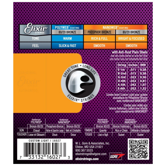 Elixir Phosphor Bronze NanoWeb (16544) 11-52 Custom Light akusztikus húrkészlet 3 db