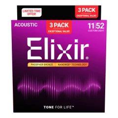 Elixir Phosphor Bronze NanoWeb (16568) 11-52 Custom Light akusztikus húrkészlet 3 db