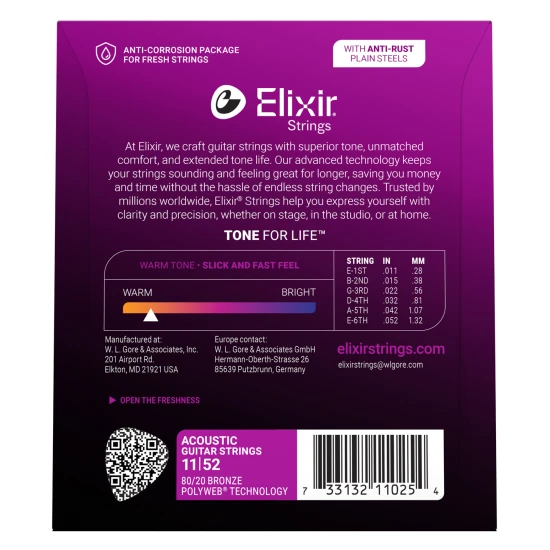 Elixir 80/20 Bronze PolyWeb 11-52(11025) Custom Light akusztikus húrkészlet