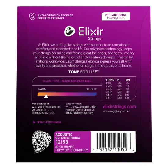 Elixir 80/20 Bronze PolyWeb 12-53 (11050) Custom Light akusztikus húrkészlet