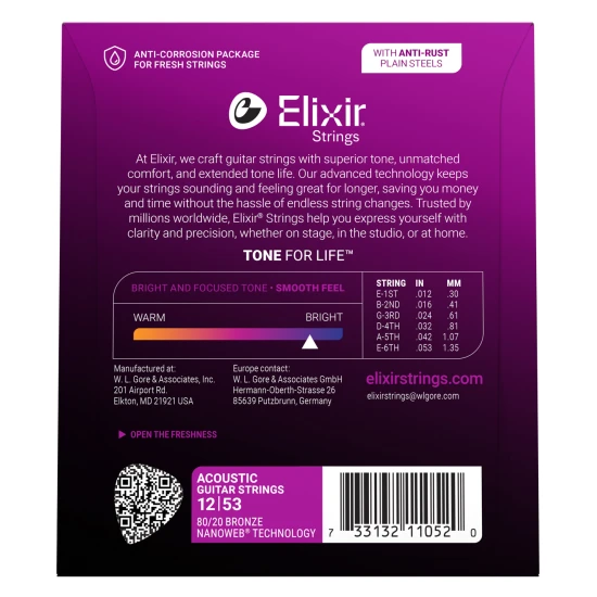 Elixir 80/20 Bronze NanoWeb 12-53(11052) Light akusztikus húrkészlet