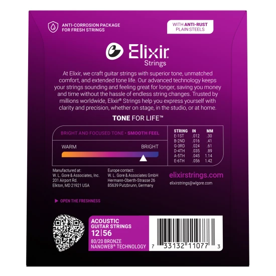 Elixir 80/20 Bronze NanoWeb 12-56(11077) Light-Medium akusztikus húrkészlet