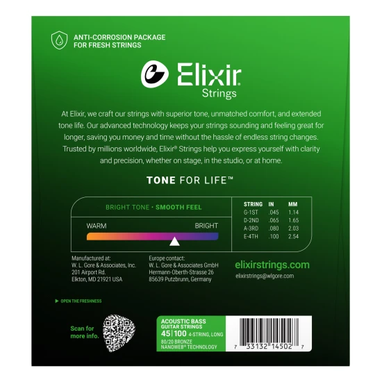 Elixir 80/20 Bronze NanoWeb (14502) 045-100 Light akusztikus basszusgitár húrkészlet