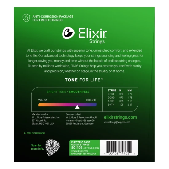 Elixir NanoWeb (14702) Stainless Steel 50-105 Medium basszusgitár húrkészlet