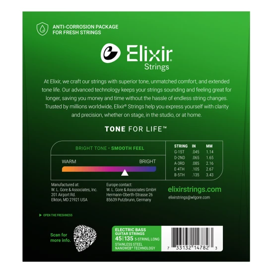 Elixir NanoWeb (14782) Stainless Steel 45-135 Light/Medium basszusgitár húrkészlet