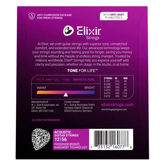 Elixir Phosphor Bronze NanoWeb (16077) 12-56 Light-Medium akusztikus húrkészlet
