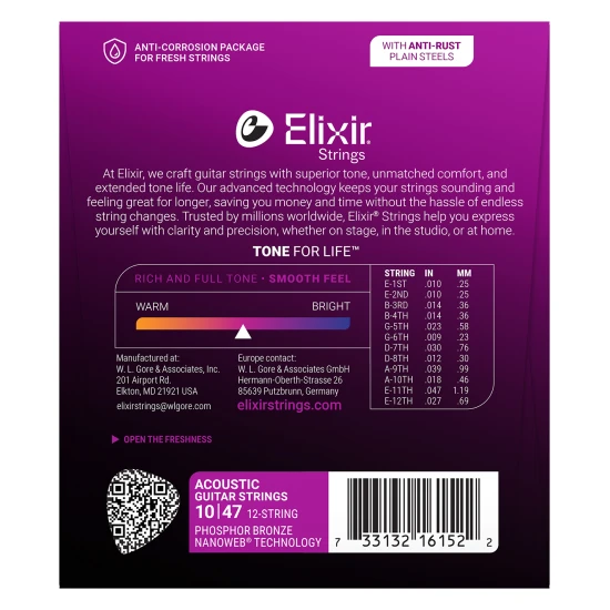 Elixir Phosphor Bronze NanoWeb (16152) 10-47 12 húros Light akusztikus húrkészlet