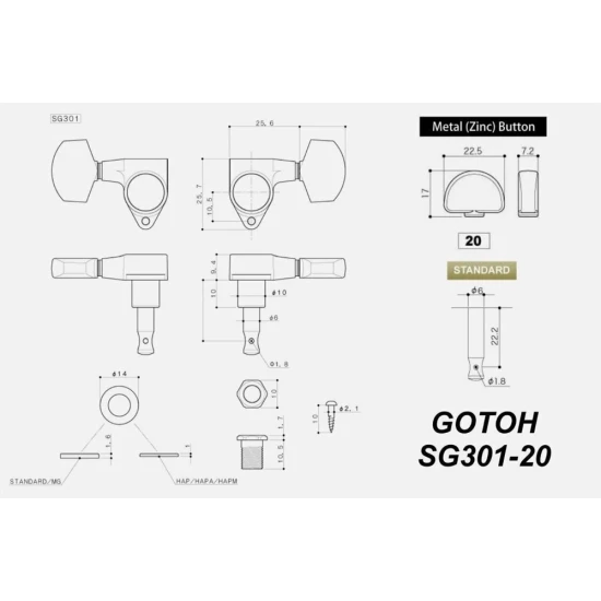 Gotoh SG301-20 3L+3R Chrome gitár hangolókulcs készlet