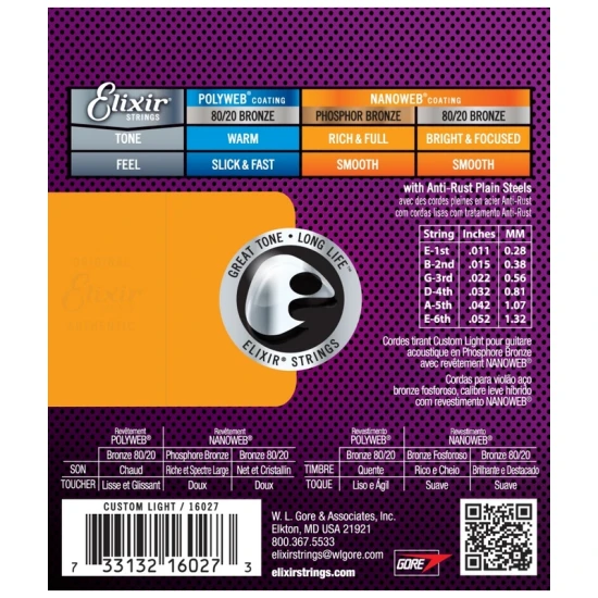 Elixir Phosphor Bronze NanoWeb (16544) 11-52 Custom Light akusztikus húrkészlet 3 db