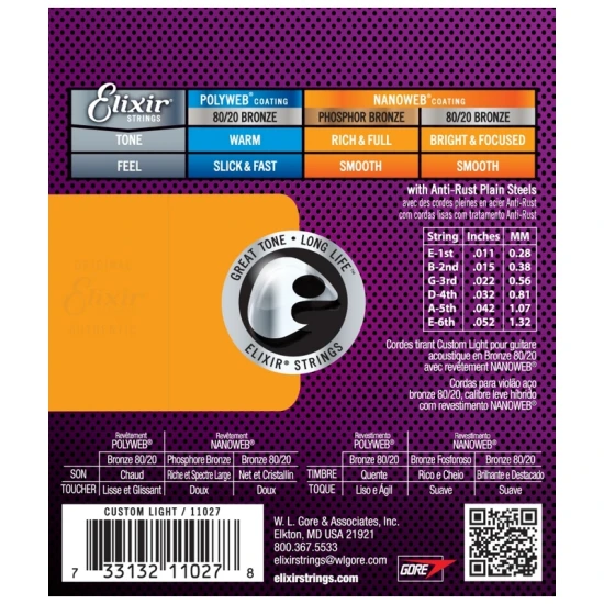 Elixir 80/20 Bronze NanoWeb 11-52 (16538) Custom Light akusztikus húrkészlet 3 db